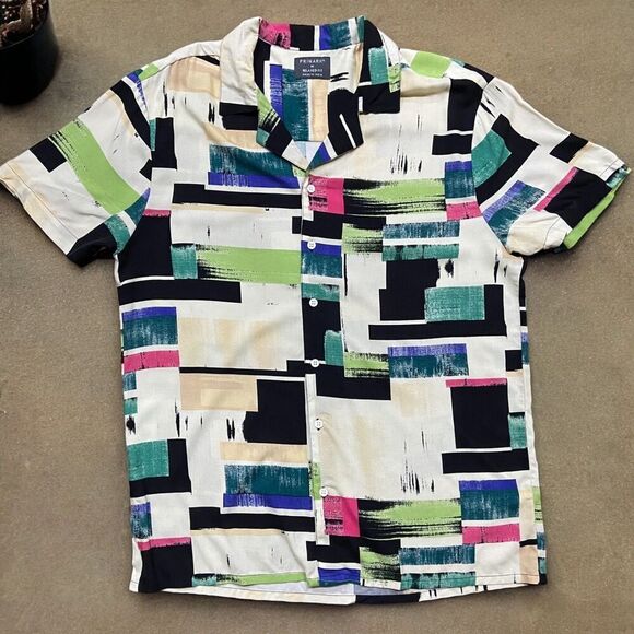 Primark Viscose Multicolored Cream Casual Button Front Shirt Men's Size Medium - Picture 1 of 9